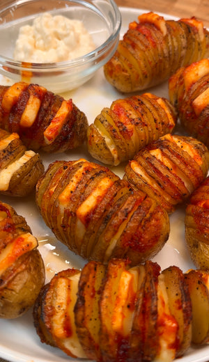 Close-up of the hasselback potatoes