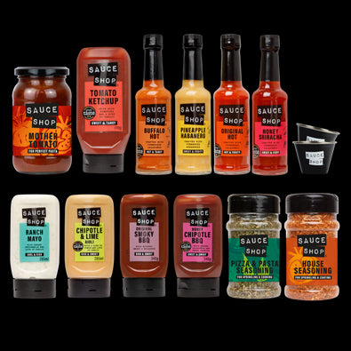 Sauce Shop Ultimate Bestseller Bundle with mother tomato cooking sauce, tomato ketchip, buffalo hot sauce, pineapple habanero hot sauce, original hot sauce, honey sriracha drizzle, two dip pots with the sauce shop logo on the front, ranch mayo, chipotle and lime aioli, original smoky bbq sauce, honey chipotle bbq sauce, pizza and pasta seasoning and house seasoning.
