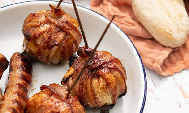 BBQ Glazed Onion And Bacon Wrapped Meatballs