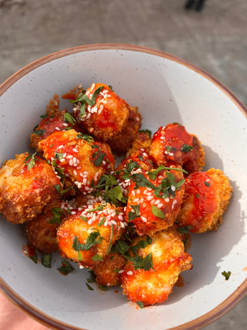 Honey Sriracha Halloumi Bites in a bowl