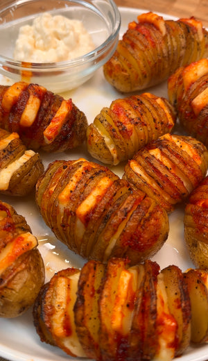 Close-up of the hasselback potatoes 