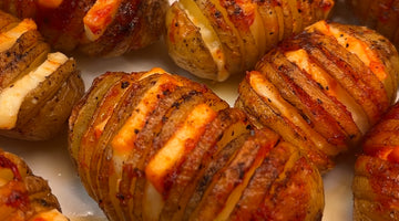 Close-up of the hasselback potatoes 