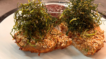 Prawn toast with seaweed on top