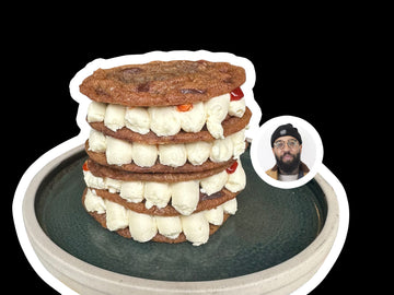 a cookie sandwich with scotch bonnet jam between the layers, and Chef James Cochran on the image