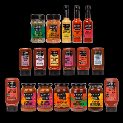 Sauce Shop Seed Oil Free Bundle with Pizza and Pasta Seasoning, House Seasoning, Pineapple Habanero Hot Sauce, Original Hot Sauce, Honey Sriracha Drizzle, Original Smoky BBQ, Spicy Breakfast Sauce, Miso Teriyaki BBQ Sauce, Honey Chipotle BBQ Sauce, Srirac ha Chilli Sauce, Brown Sauce, two Tomato Ketchup, two Special Makhani cooking sauces, a ranchero cooking sauce, a spicy marinara cooking sauce and a smoky southwest cooking sauce.