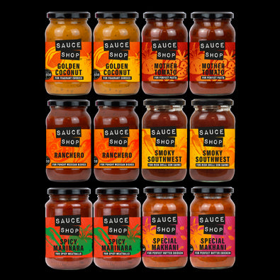 Sauce Shop Cooking Sauce Bundle with two Golden Coconut Curry, two Mother Tomato, two Ranchero, two Smoky Southwest, two Spicy Marinara and two Special Makhani jars.